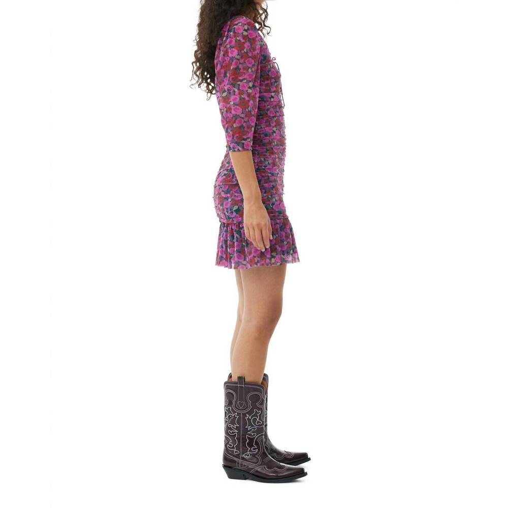 NEW GANNI floral mesh flounce ruched mini dress in fiji flower - Picture 3 of 4